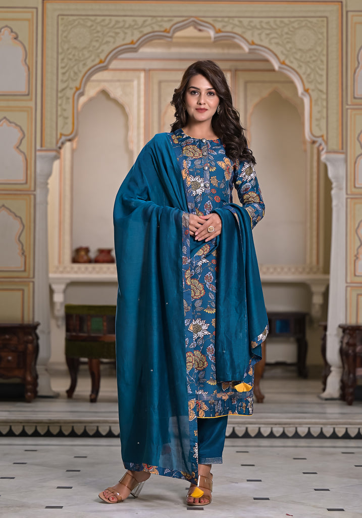 Azure Floral Fantasy Muslin Silk Zari  kurta