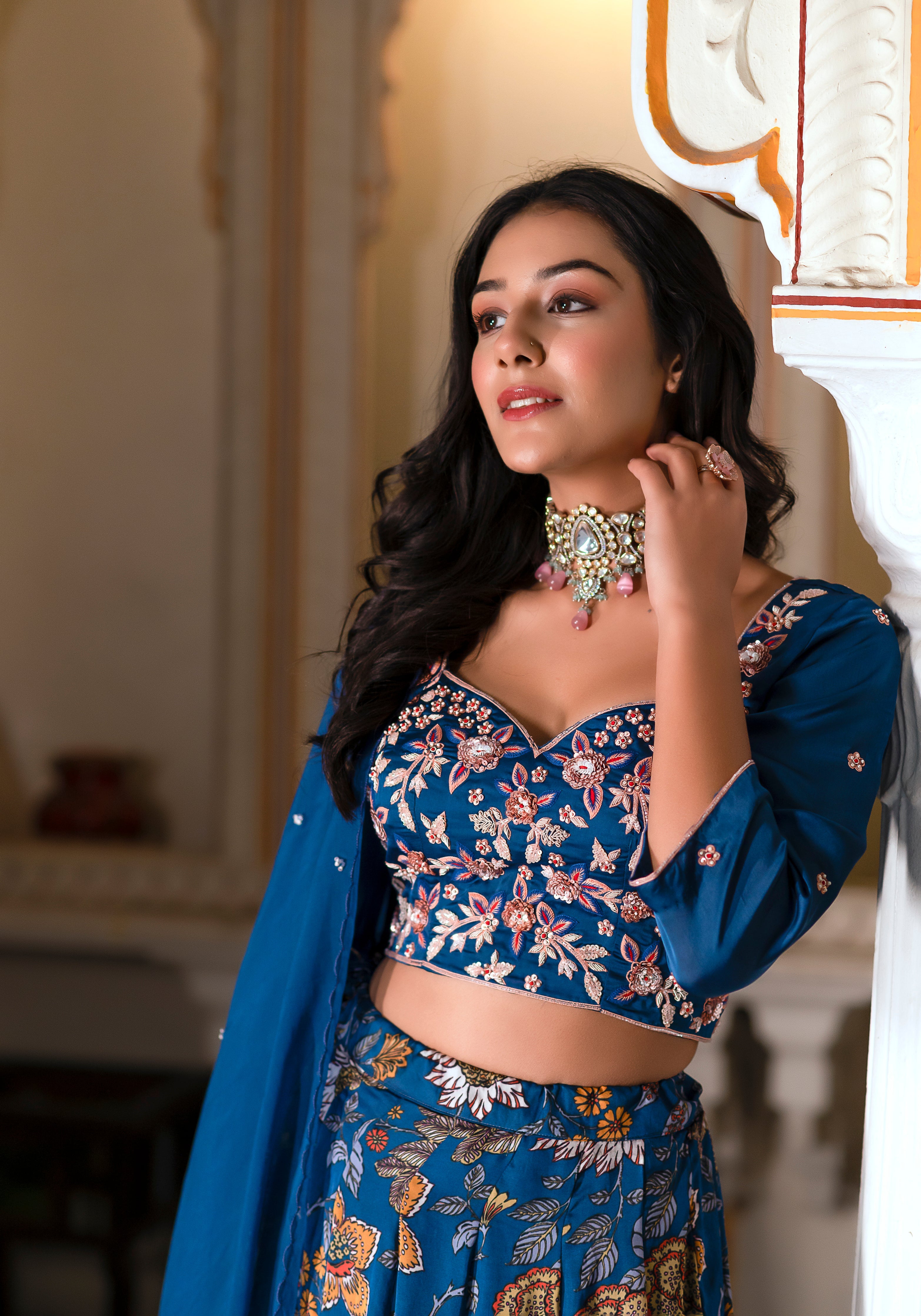 Azure Floral Fantasy Ht Silk  Lehenga Set- 3PCS