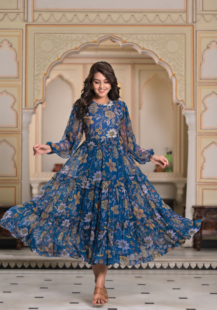 Azure Floral Fantasy Printed Chiffon Blue Tier Dress