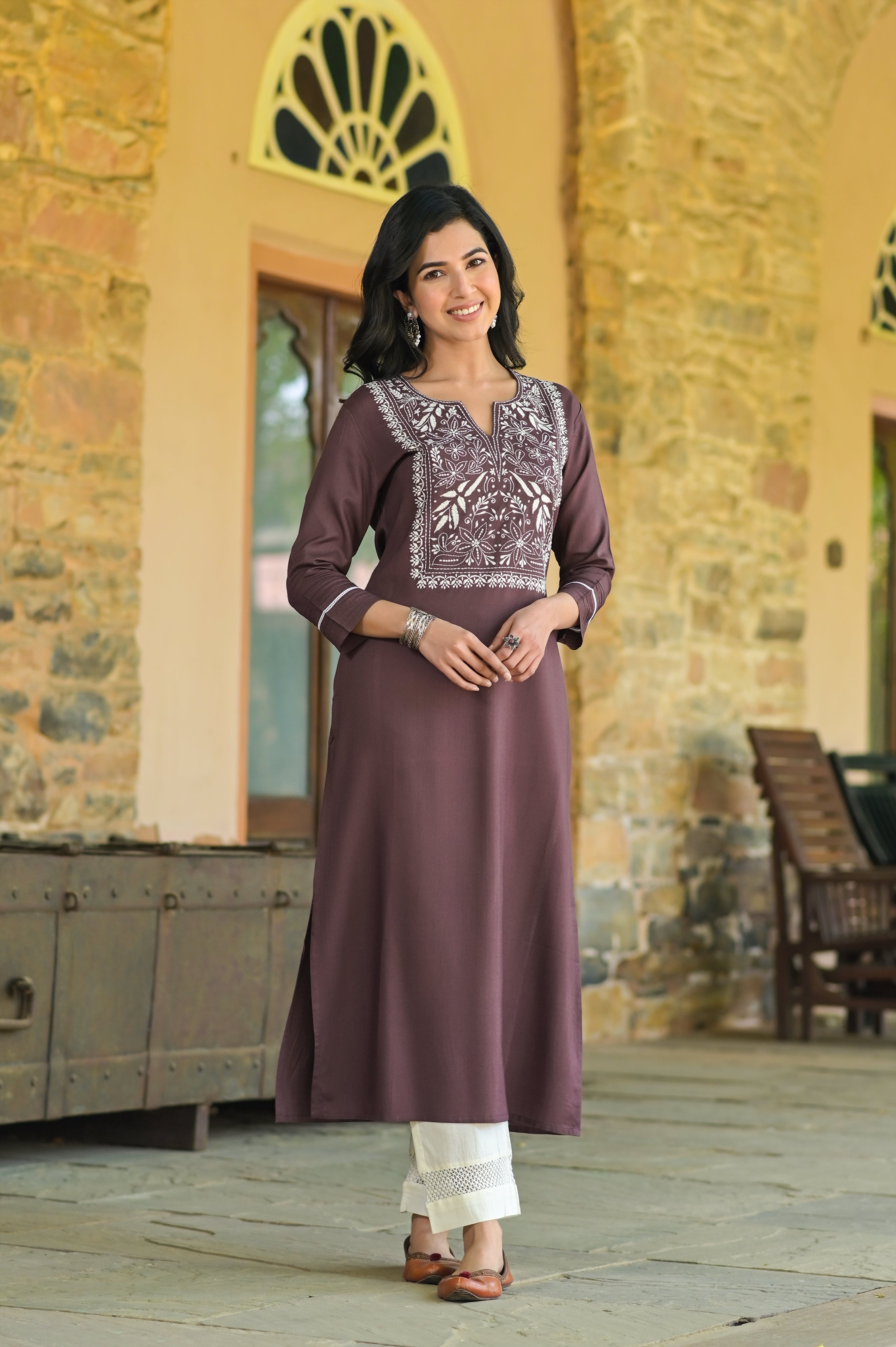Solid yoke Embro Kurta Set -2pcs