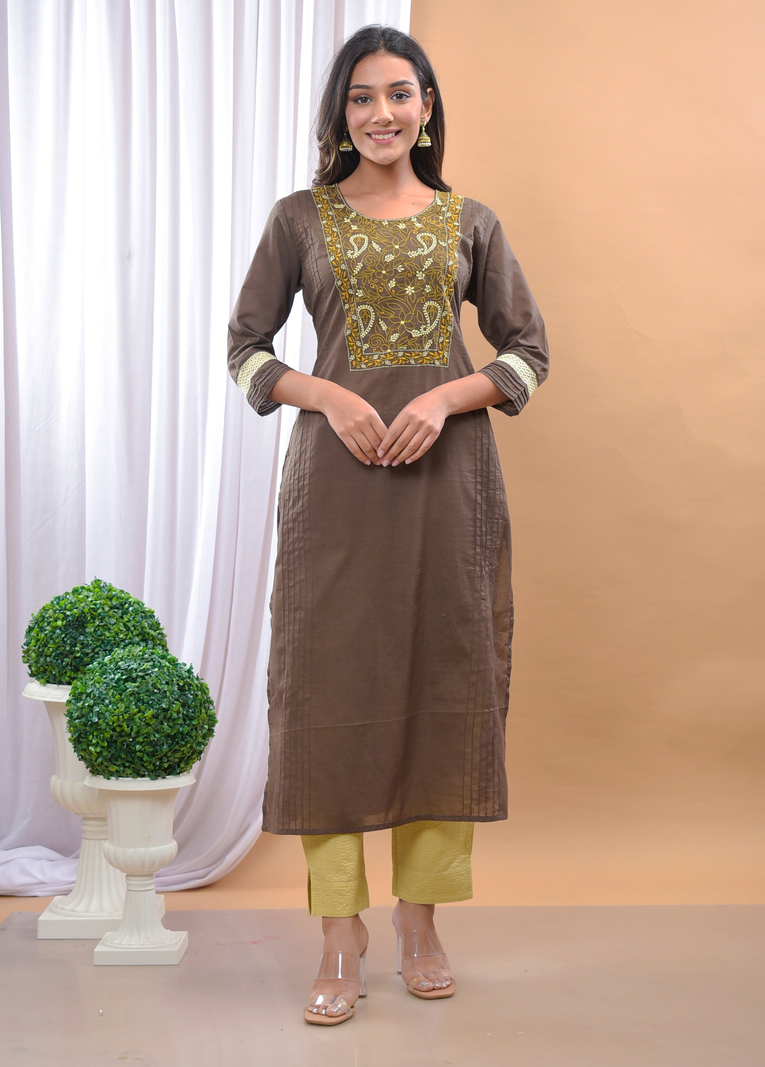 Kashida Brown Kurta Set -2pcs