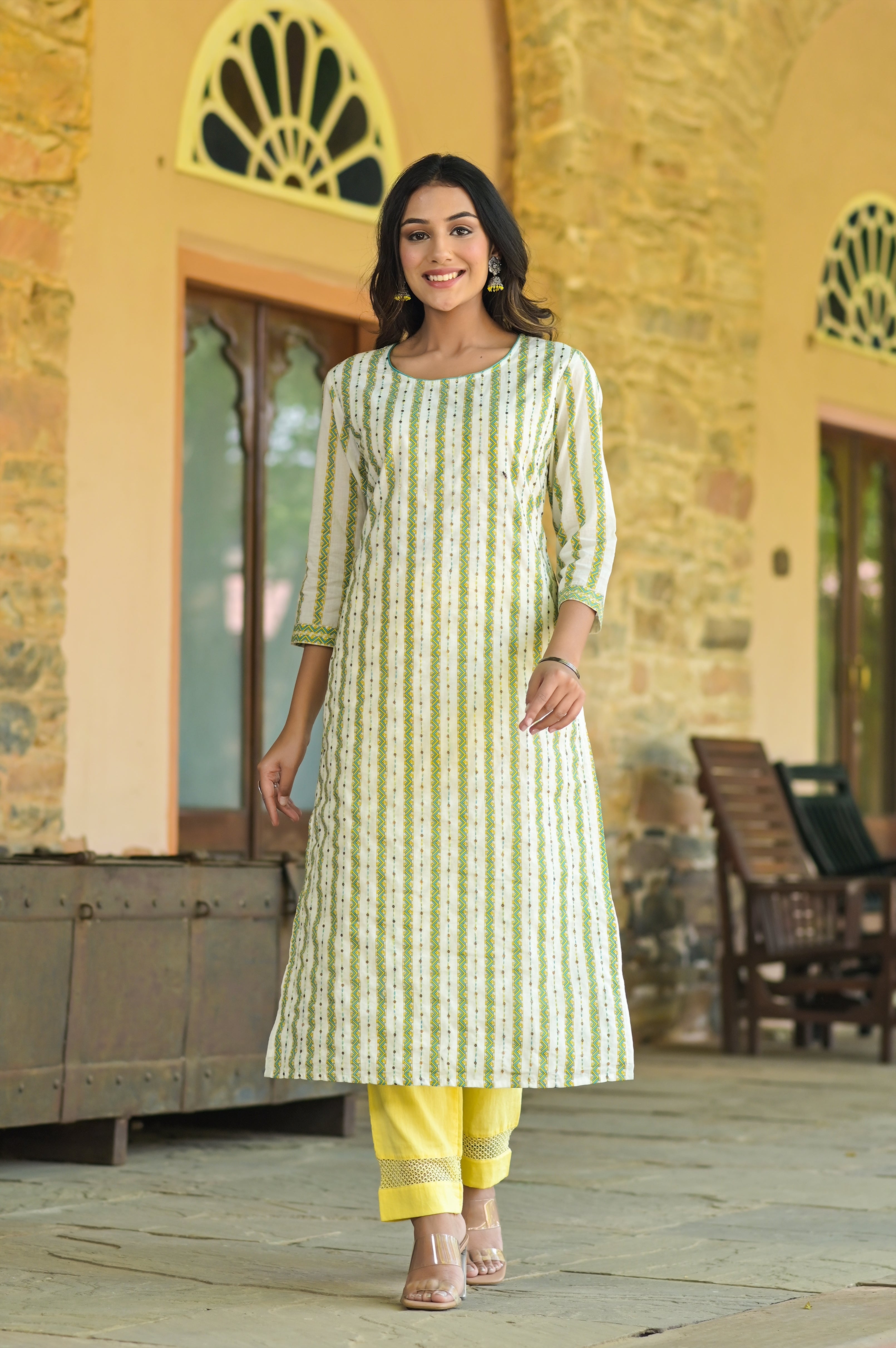 Yellow Aztec Kantha Kurta Set-2pcs