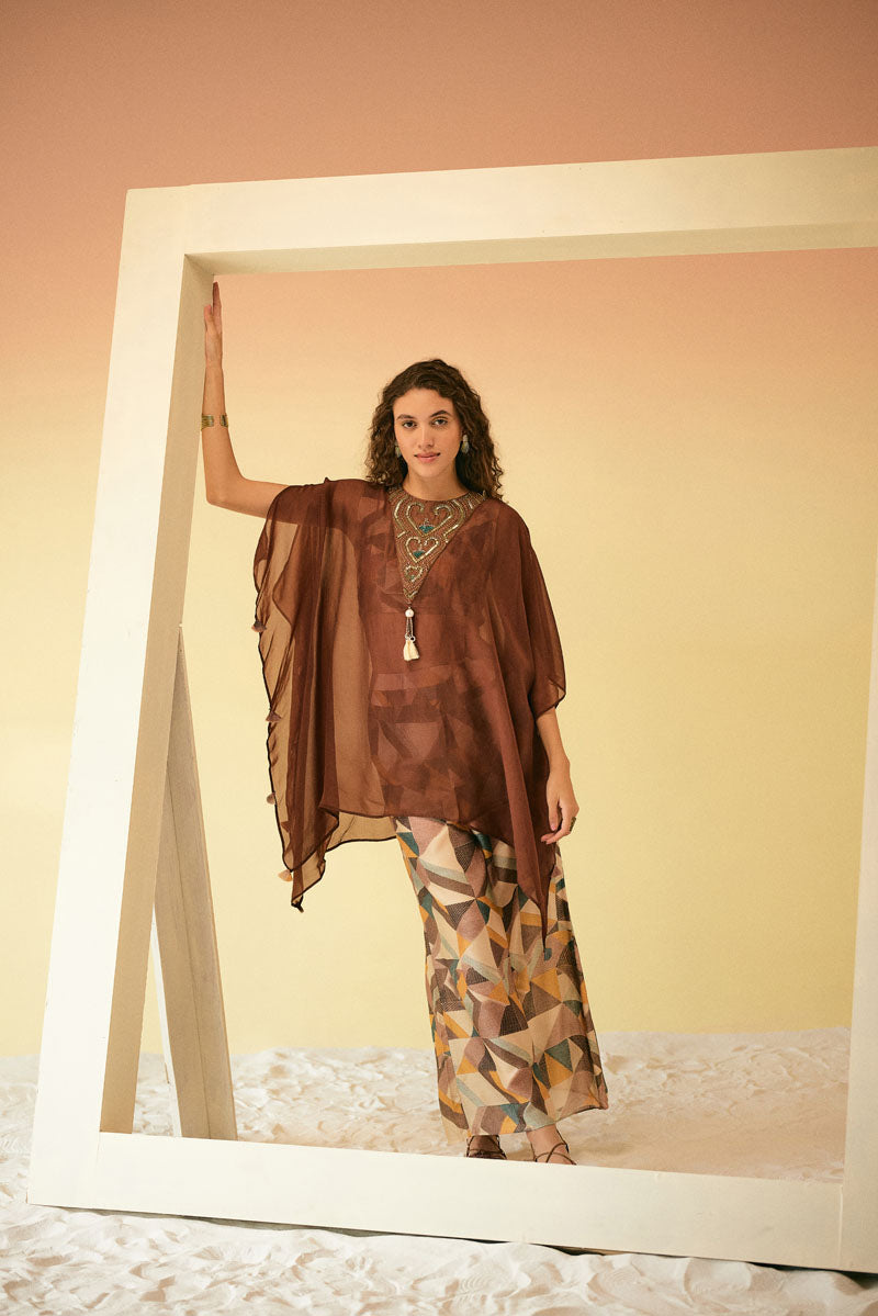 ORGANZA EMBELLISHED CAPE WITH BUSTIER & PANTS