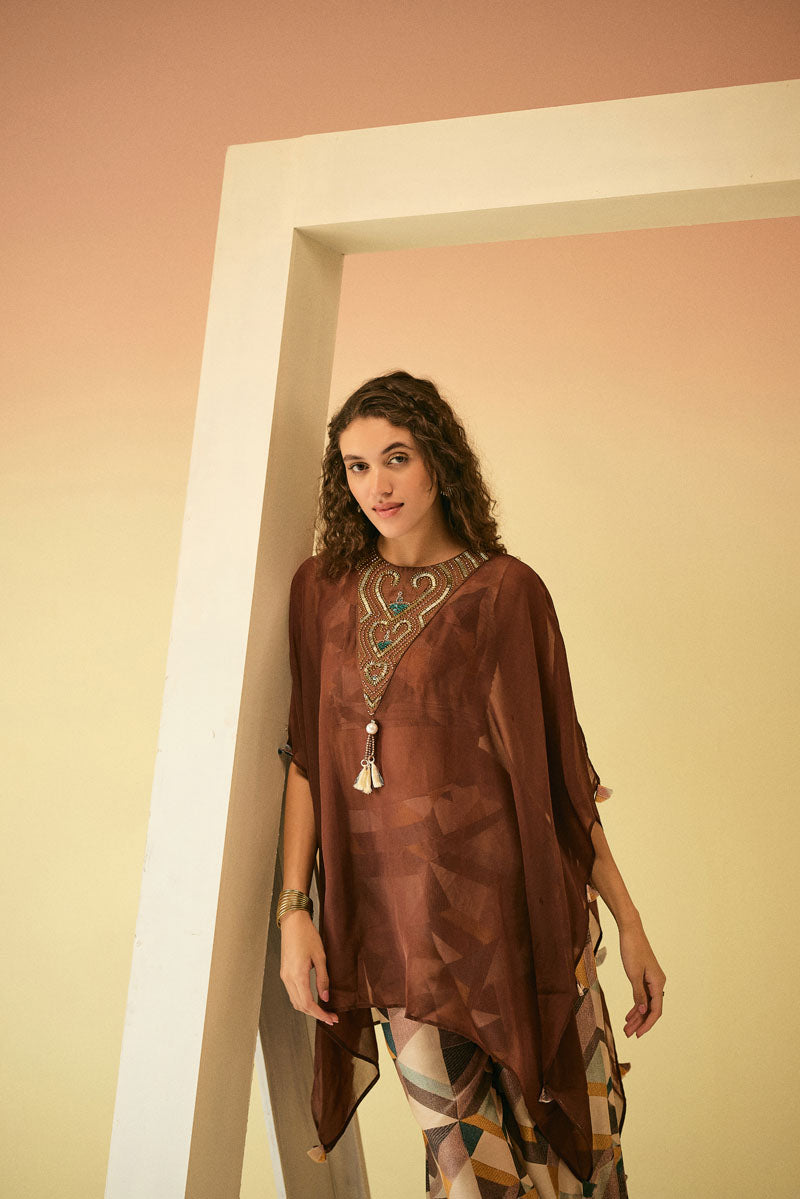 ORGANZA EMBELLISHED CAPE WITH BUSTIER & PANTS