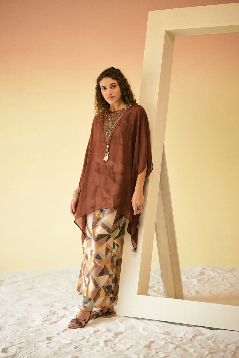 ORGANZA EMBELLISHED CAPE WITH BUSTIER & PANTS