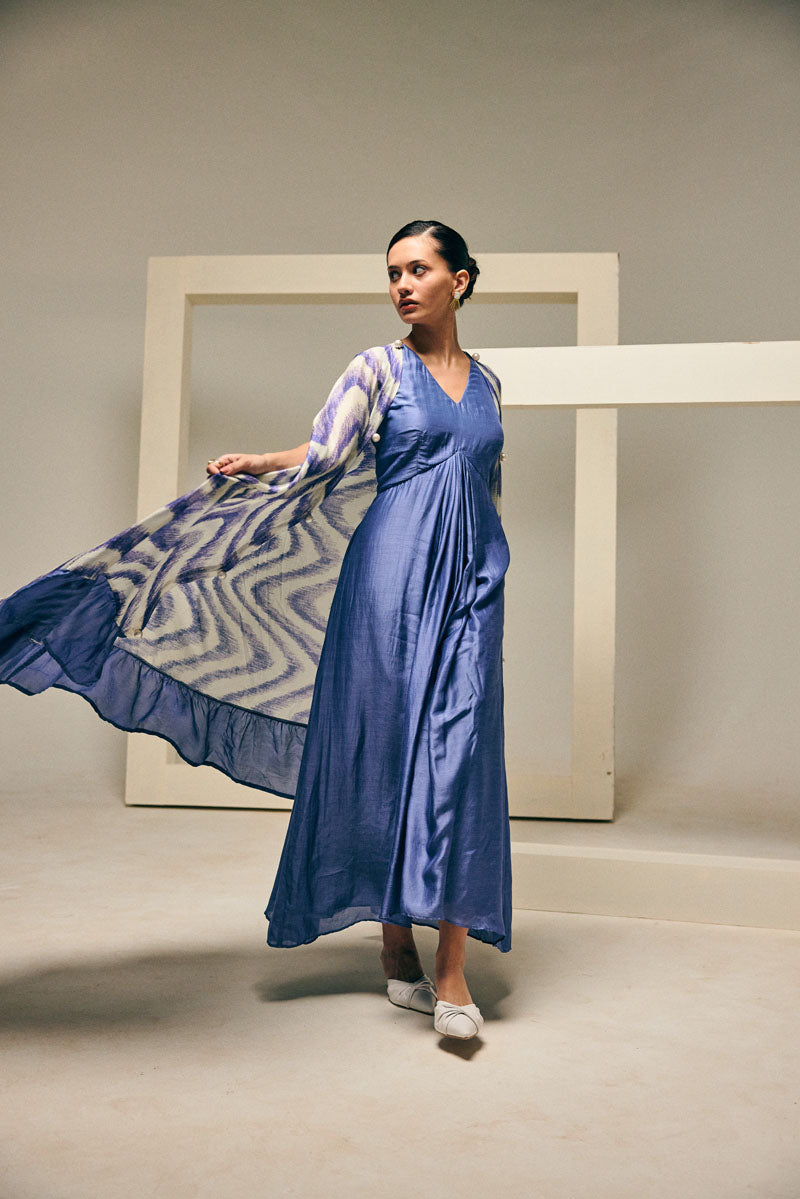 RUFFLE CAPE WITH PLEATED GOWN